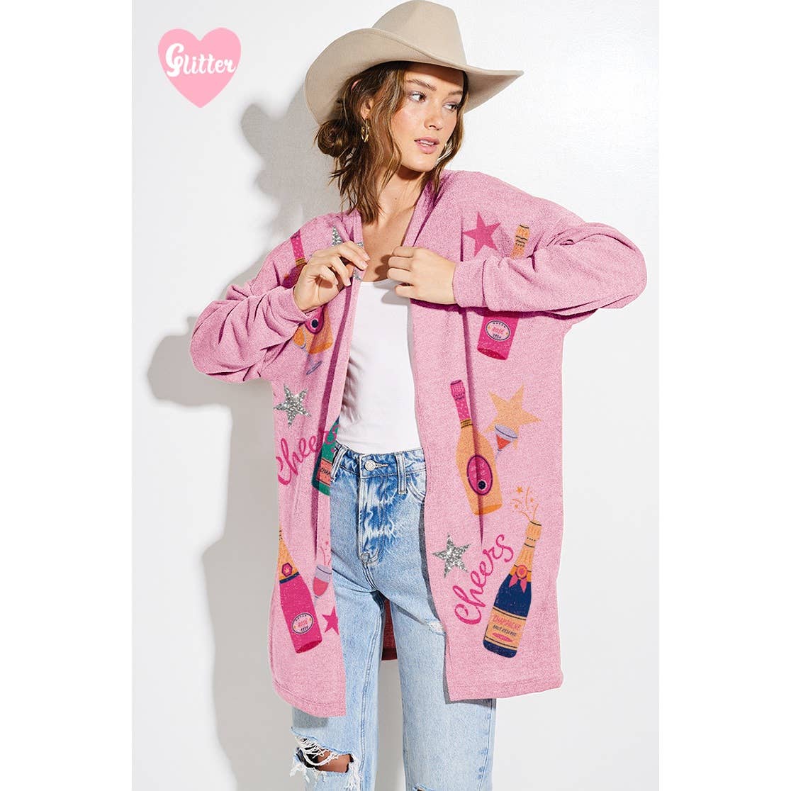 Holiday Cheers Glitter print Knit Cardigan