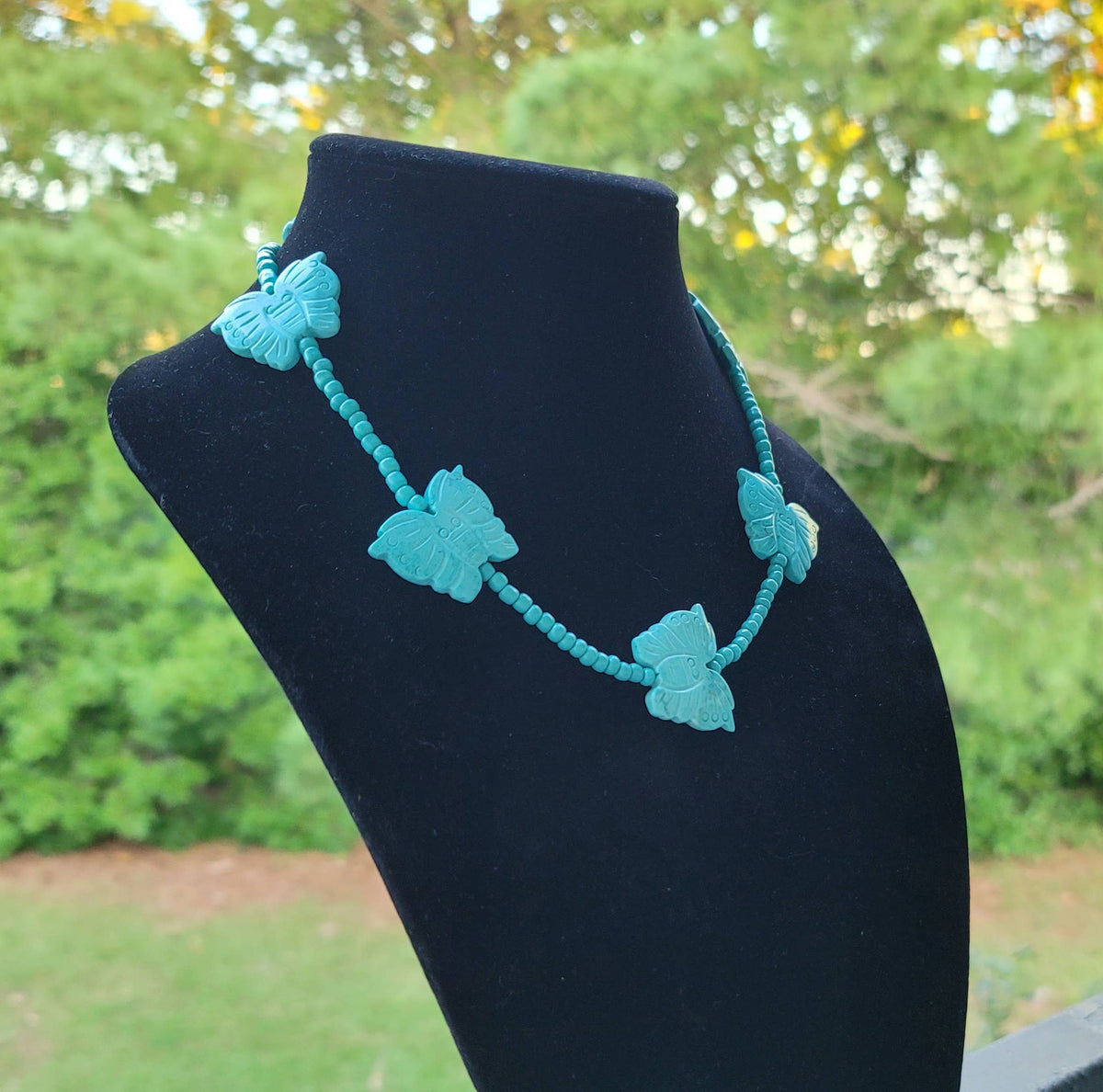 Handcarved Turquoise Howlite butterflies, glass beads