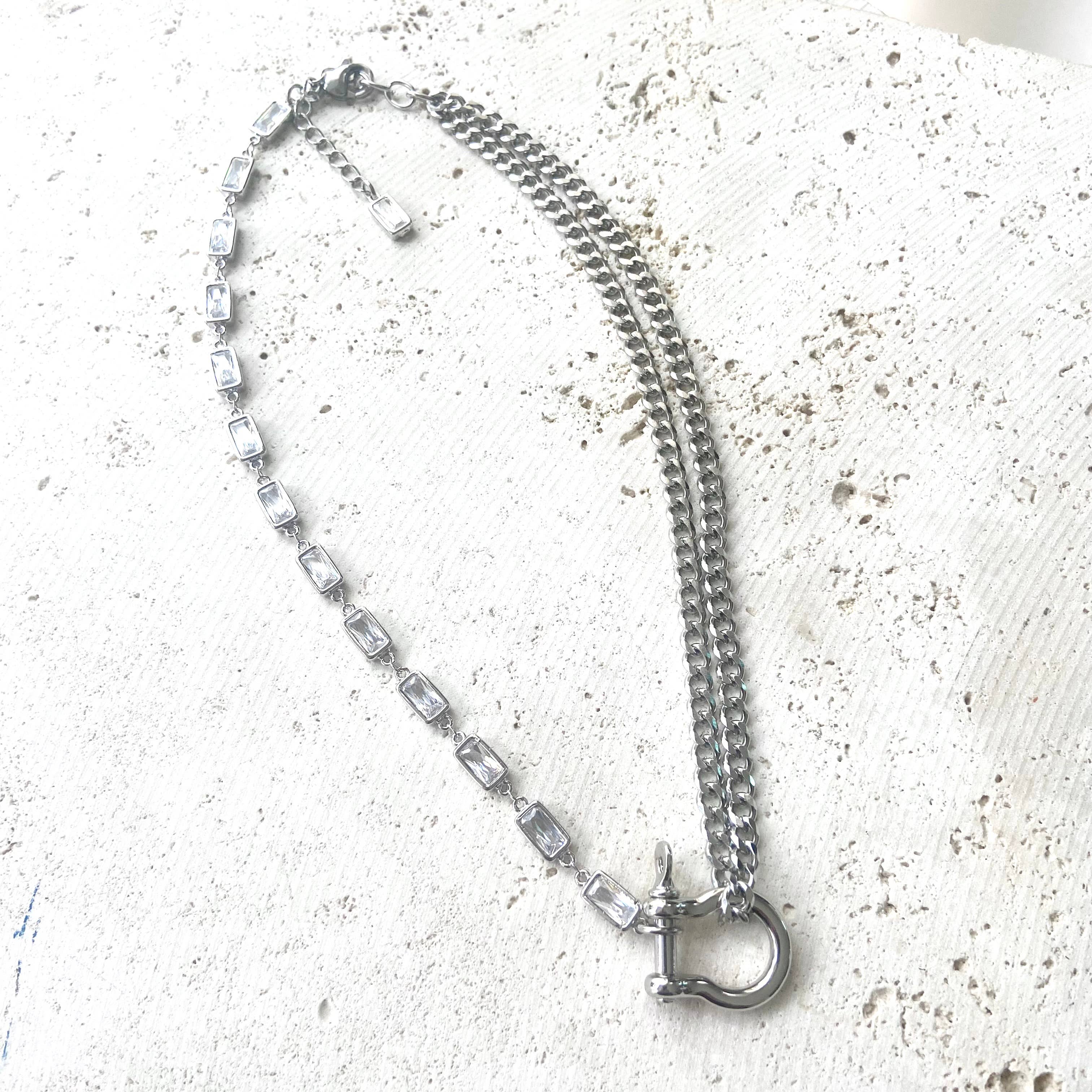 Edgy glam carabiner shackle necklace silver stainless steel