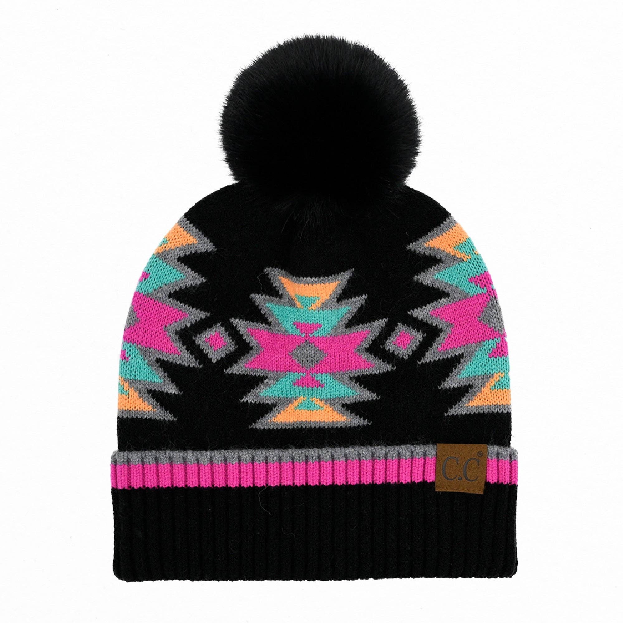 CC South Western Pattern Faux Fur Pom Beanie