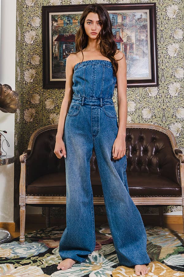 IR5267 Corset Style Strapless Denim Jumpsuit