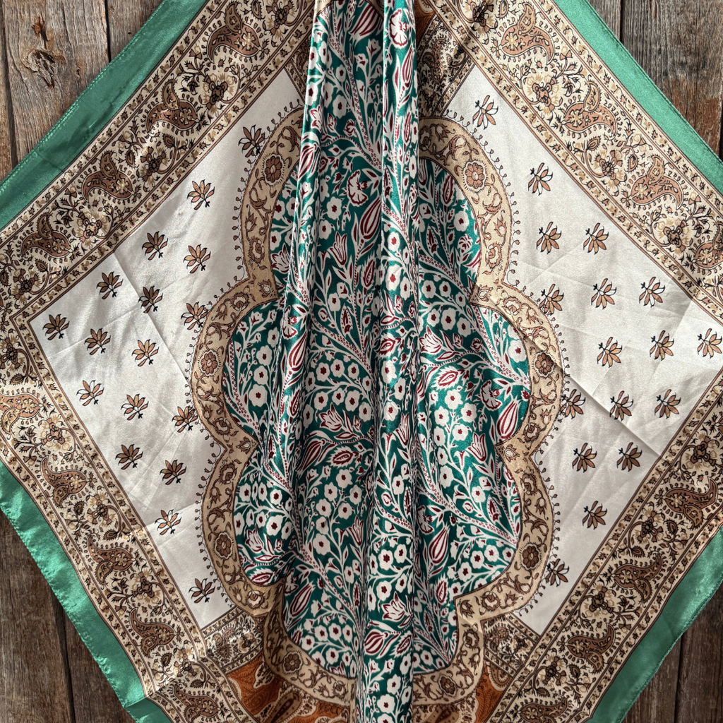 35X35" Teal, Brown and Tan Floral Wild Rag