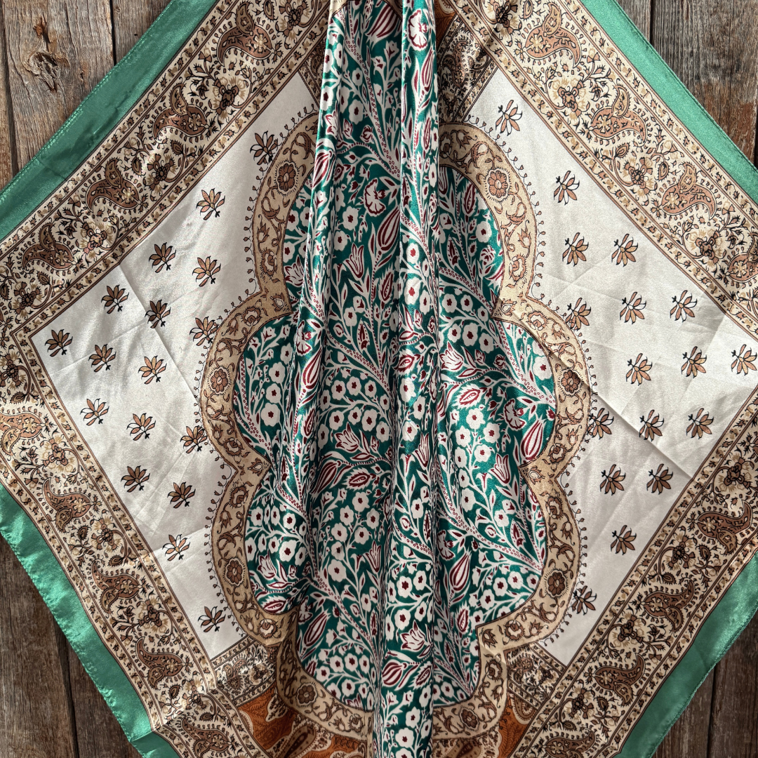 35X35" Teal, Brown and Tan Floral Wild Rag
