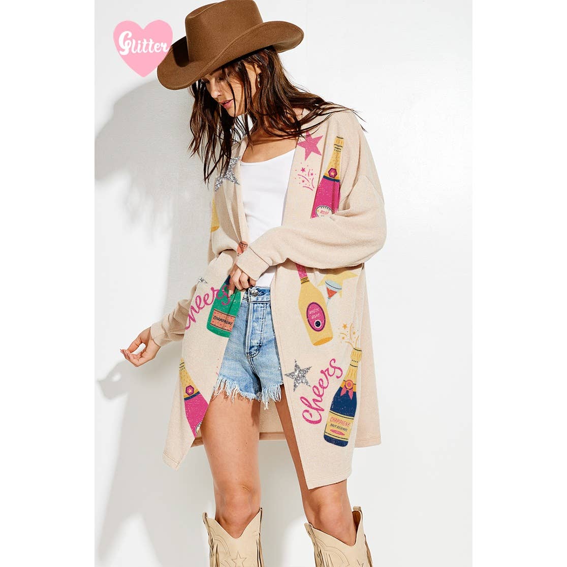 Holiday Cheers Glitter print Knit Cardigan