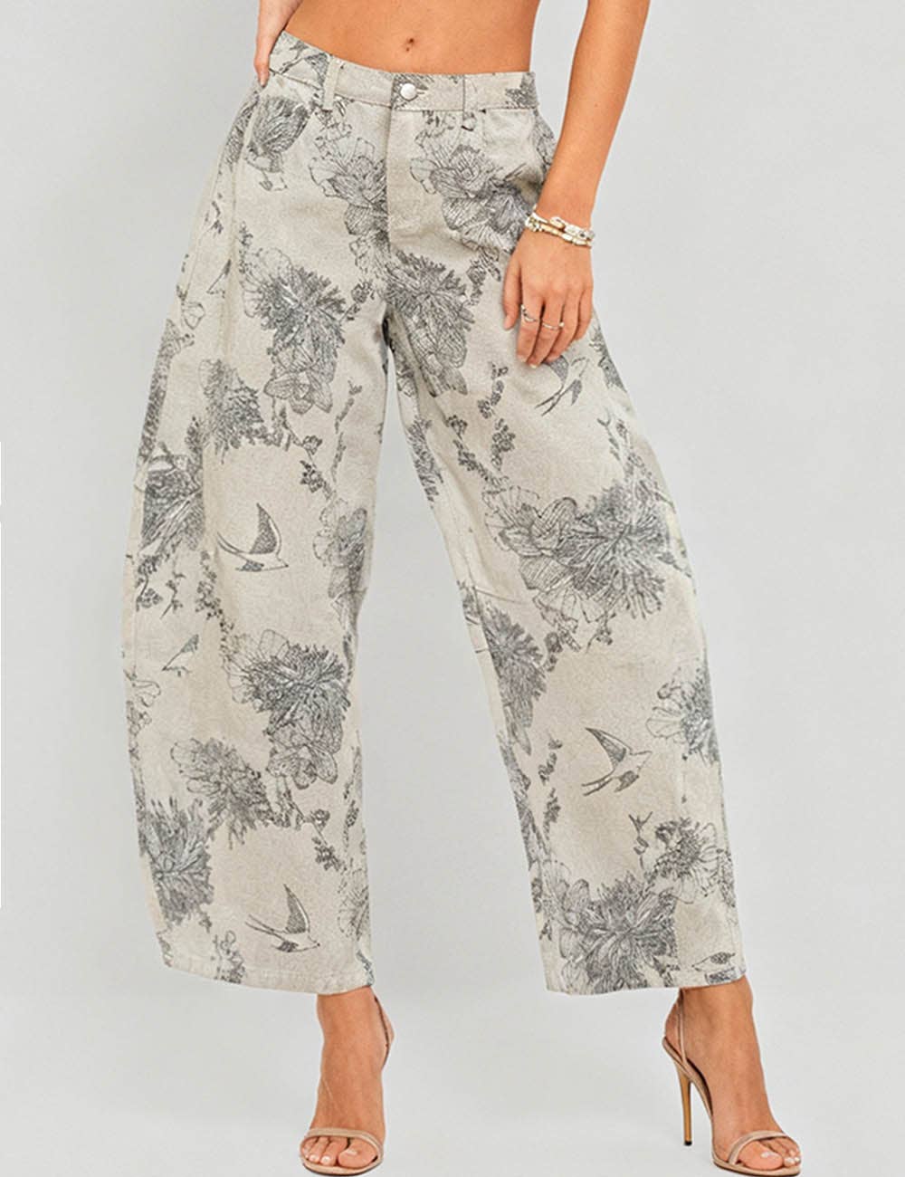 Floral Print Barrel Denim Pants