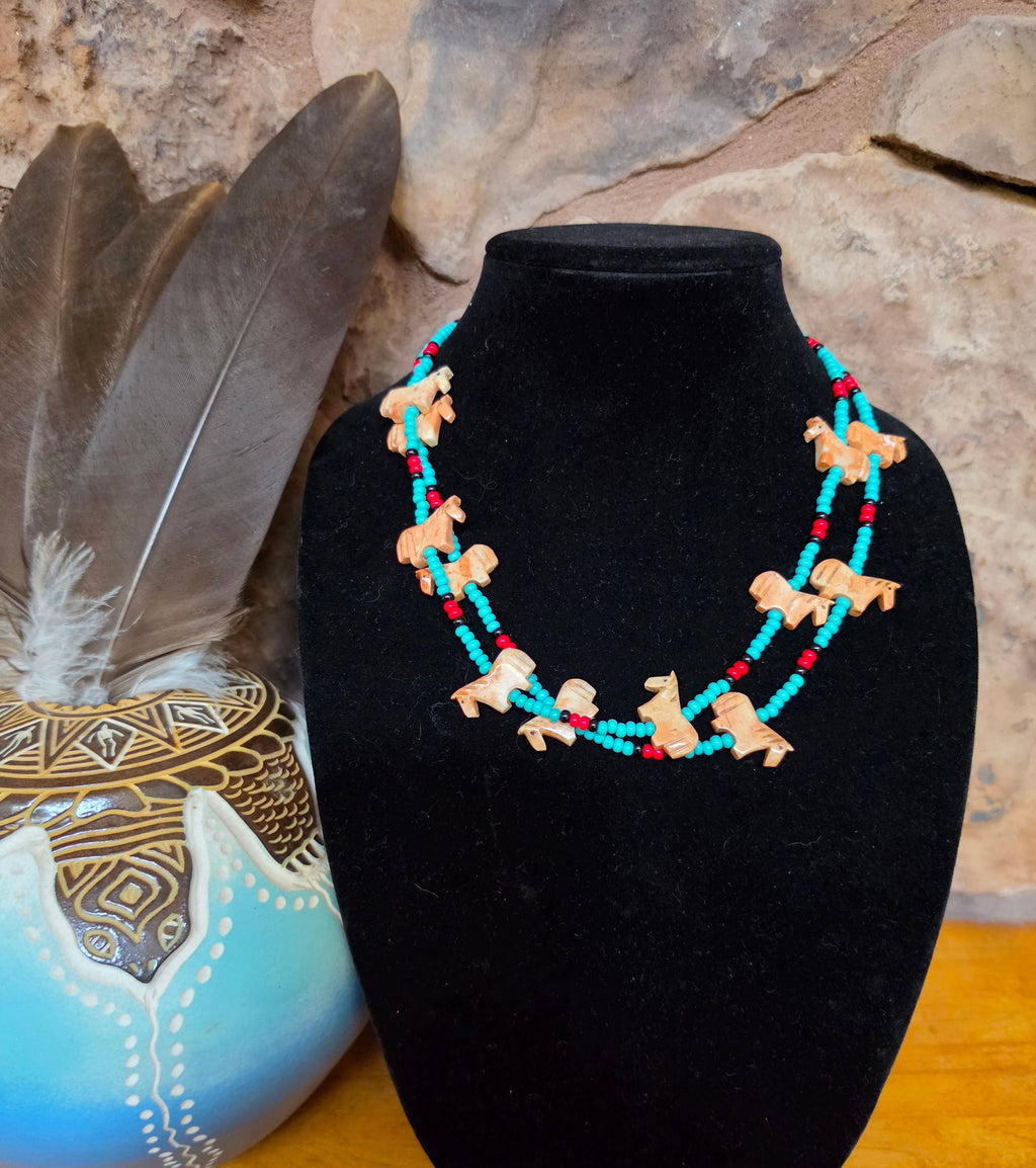 Zuni carved stone horse fetish necklace, Czech glass beads