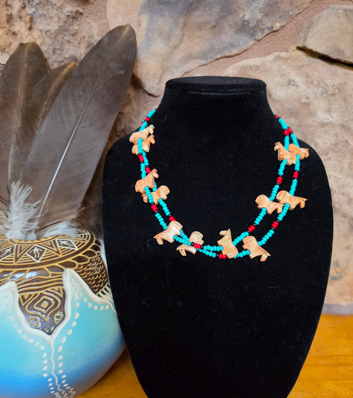 Zuni carved stone horse fetish necklace, Czech glass beads