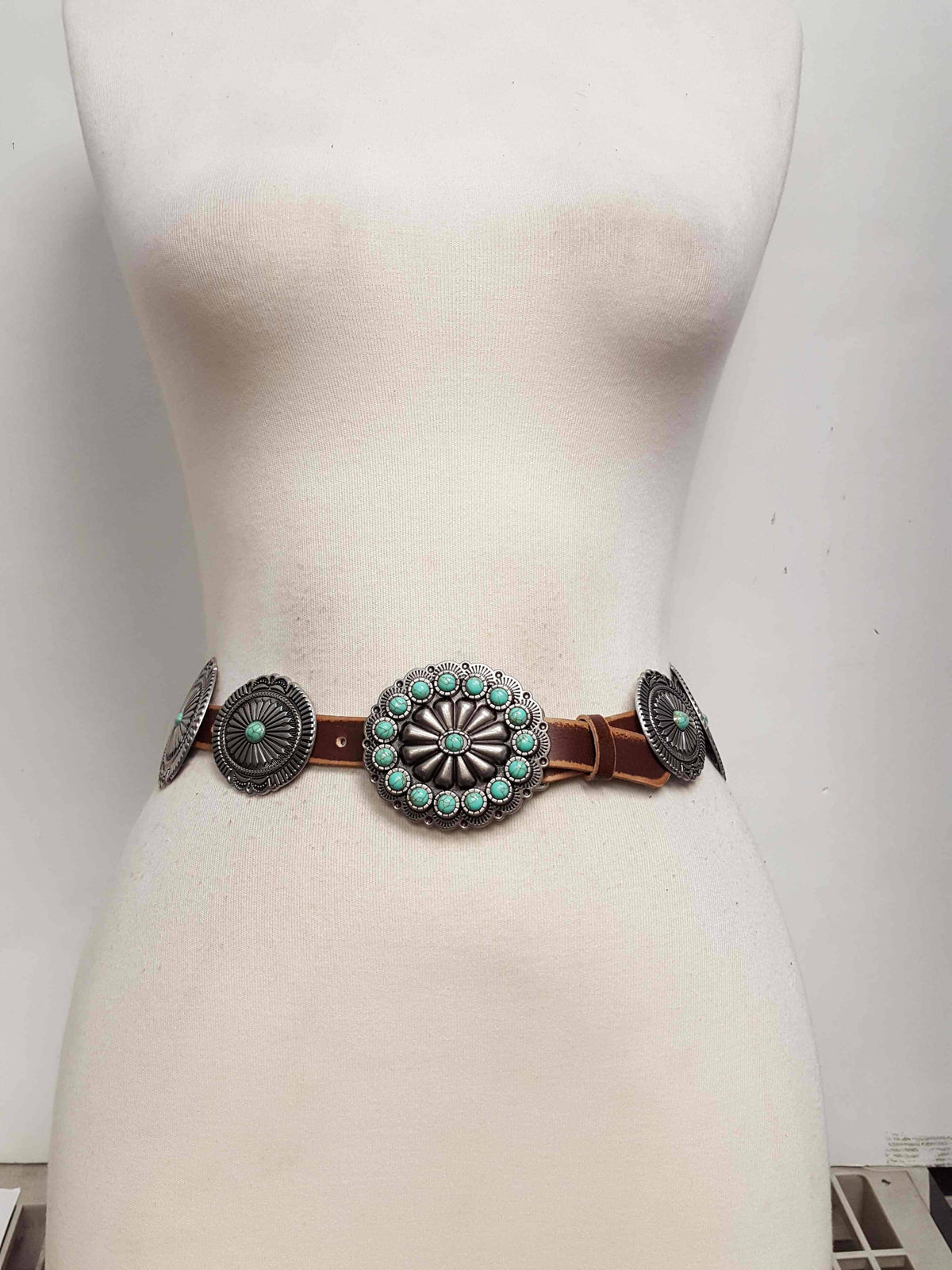 Genuine Distressed Leather belt w. full-packed oval conchos