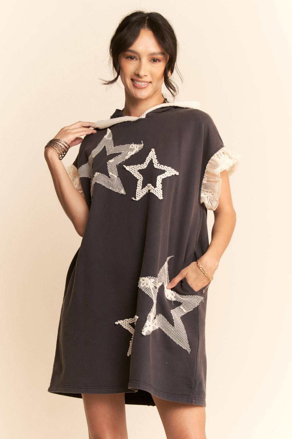 LACE STAR LACE RUFFLE HOODIE DRESS