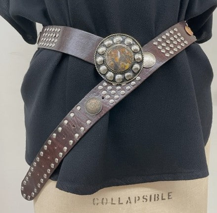 Brown leather studded belt with buckle