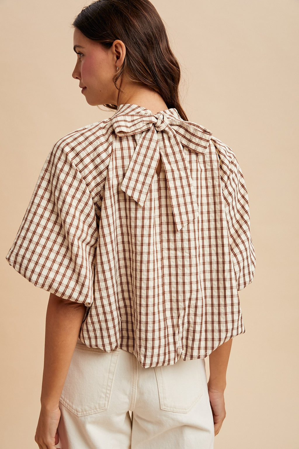 Checker Back Bow Detail Bubble Blouse