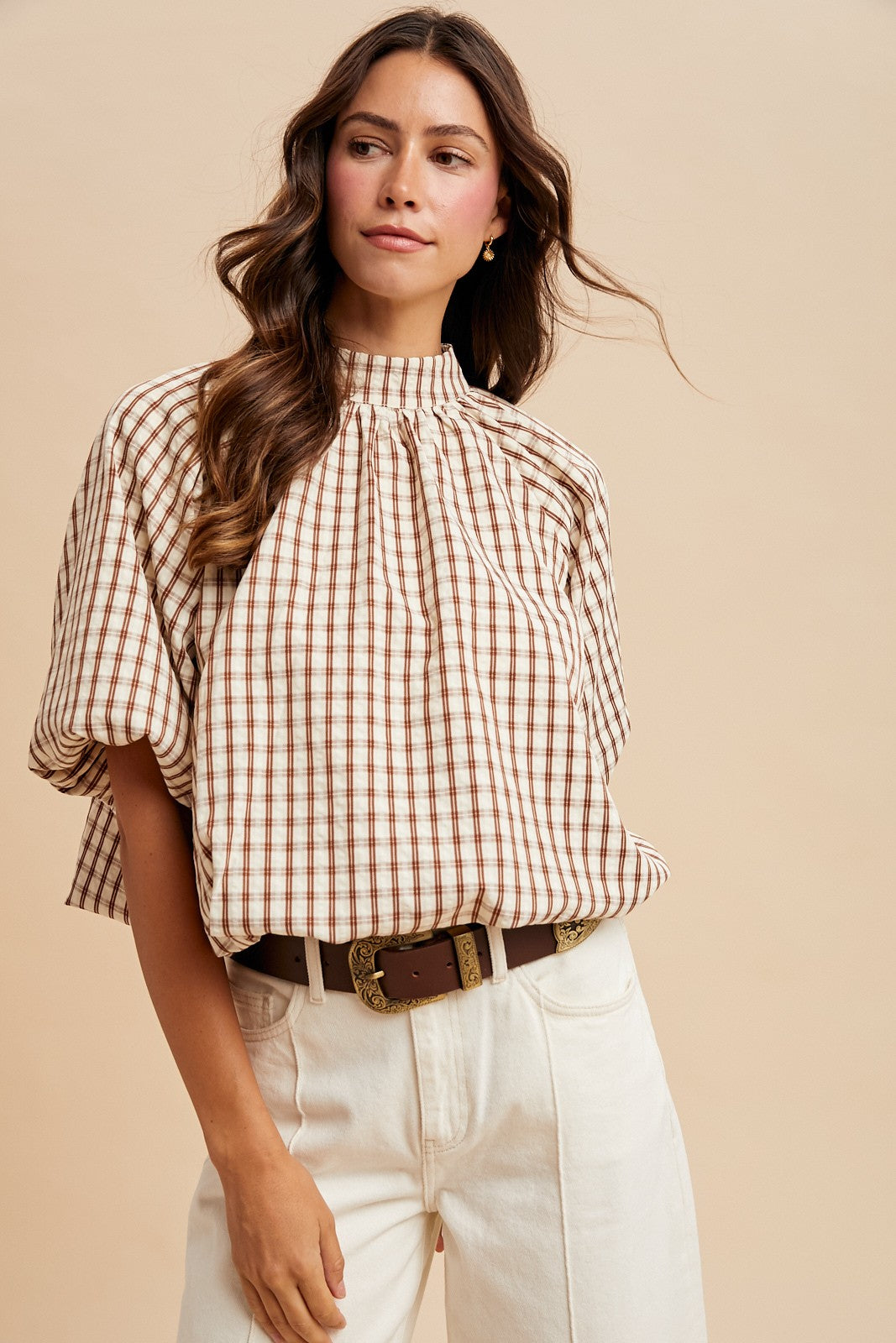Checker Back Bow Detail Bubble Blouse