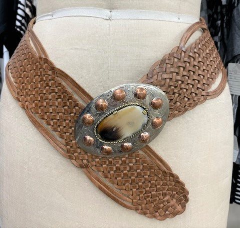 Brown woven leather Belt with copper buckle