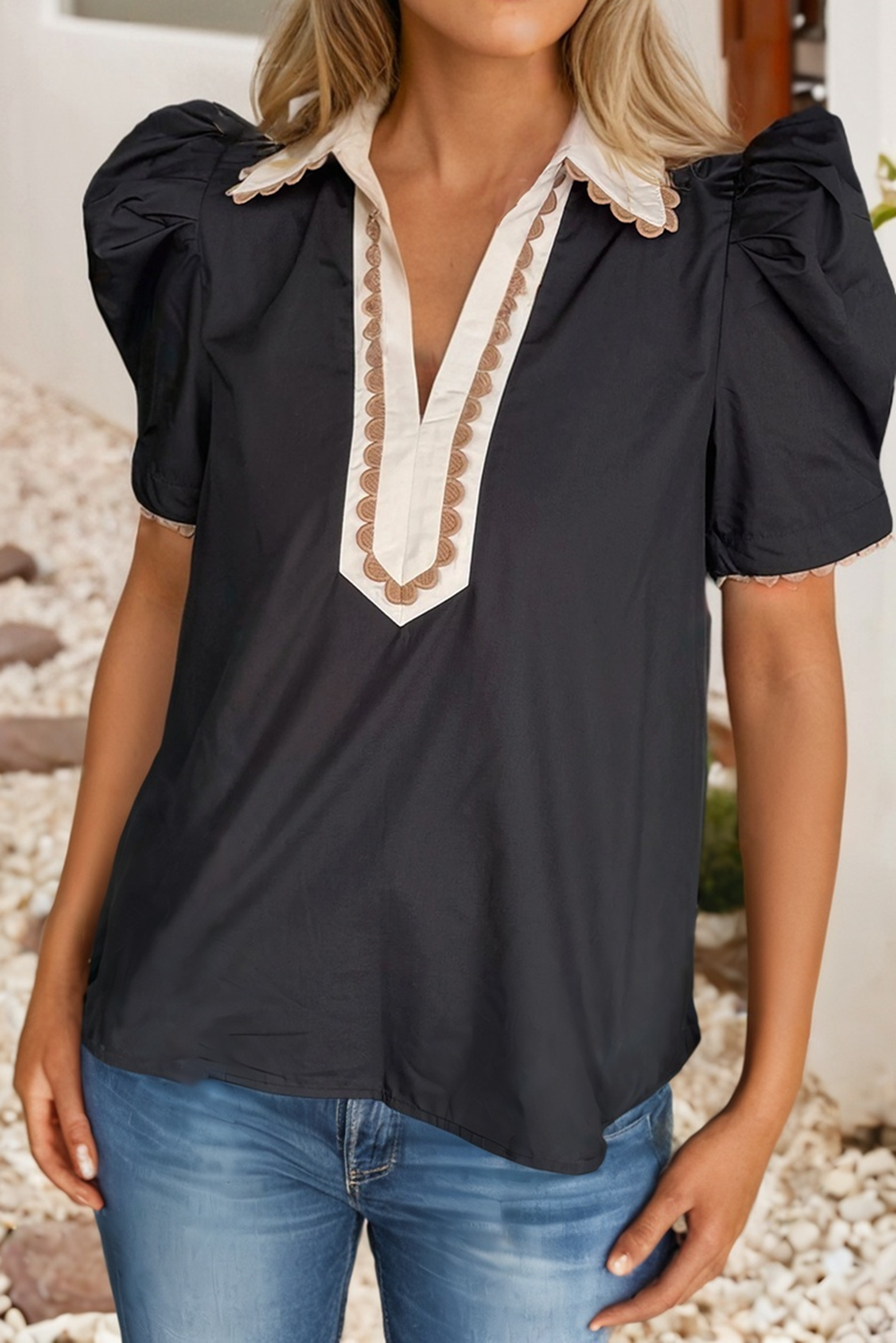 Color Block Patchwork Shirt Collar Short Sleeve Blouse