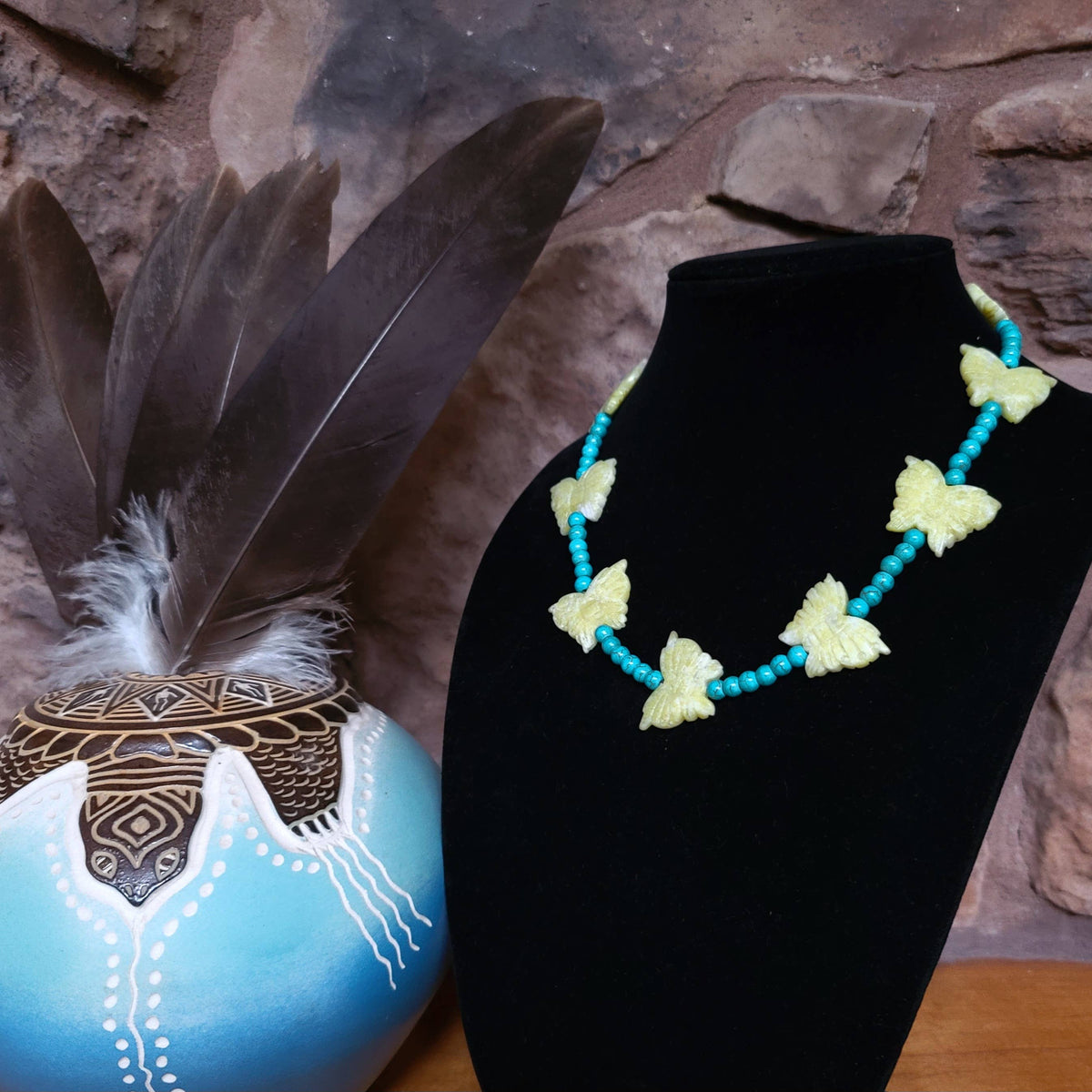 Lemon Jade butterfly, turquoise glass bead by Navajo artist