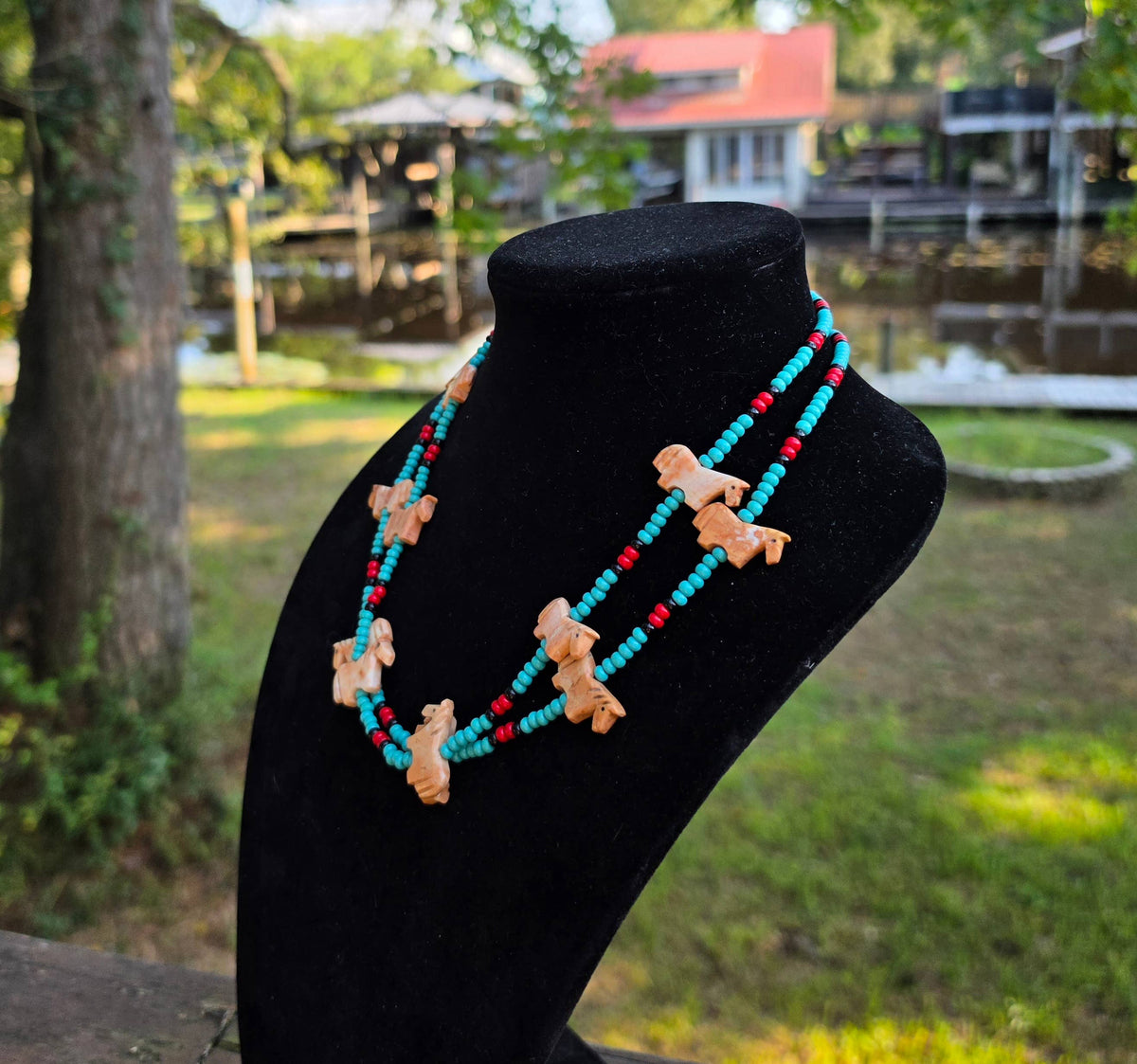 Zuni carved stone horse fetish necklace, Czech glass beads