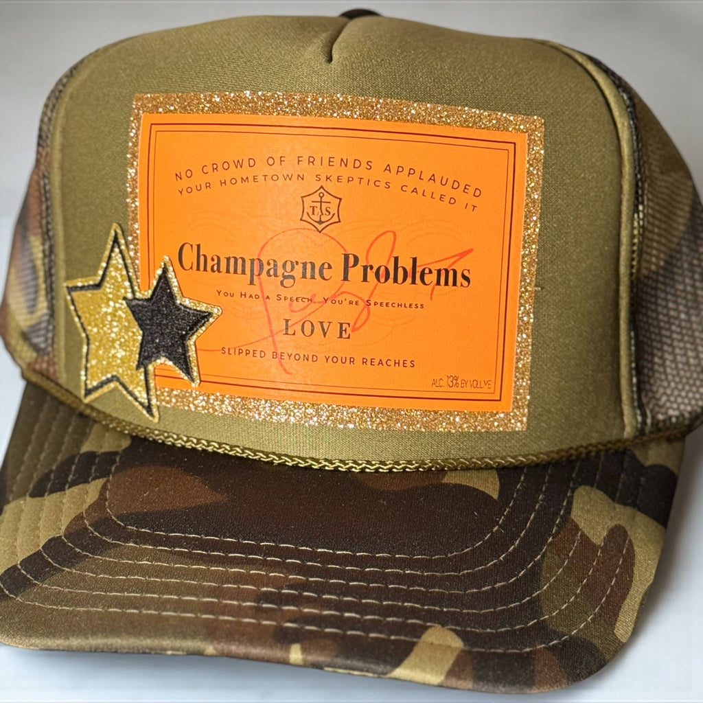 "Champagne Problems" Camo Glitter Trucker Hat 