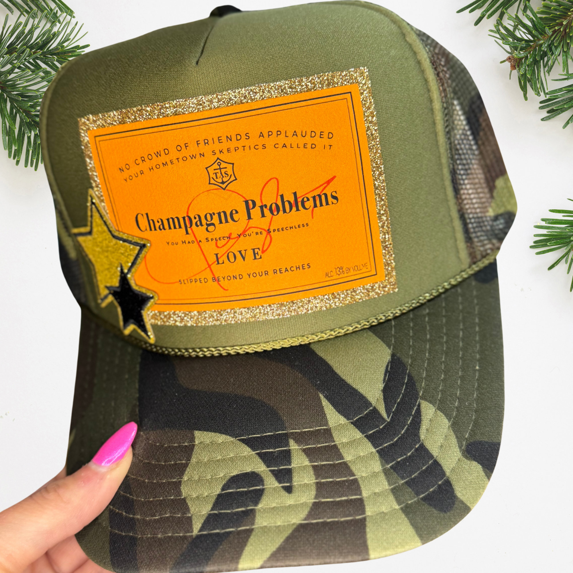 "Champagne Problems" Camo Glitter Trucker Hat 