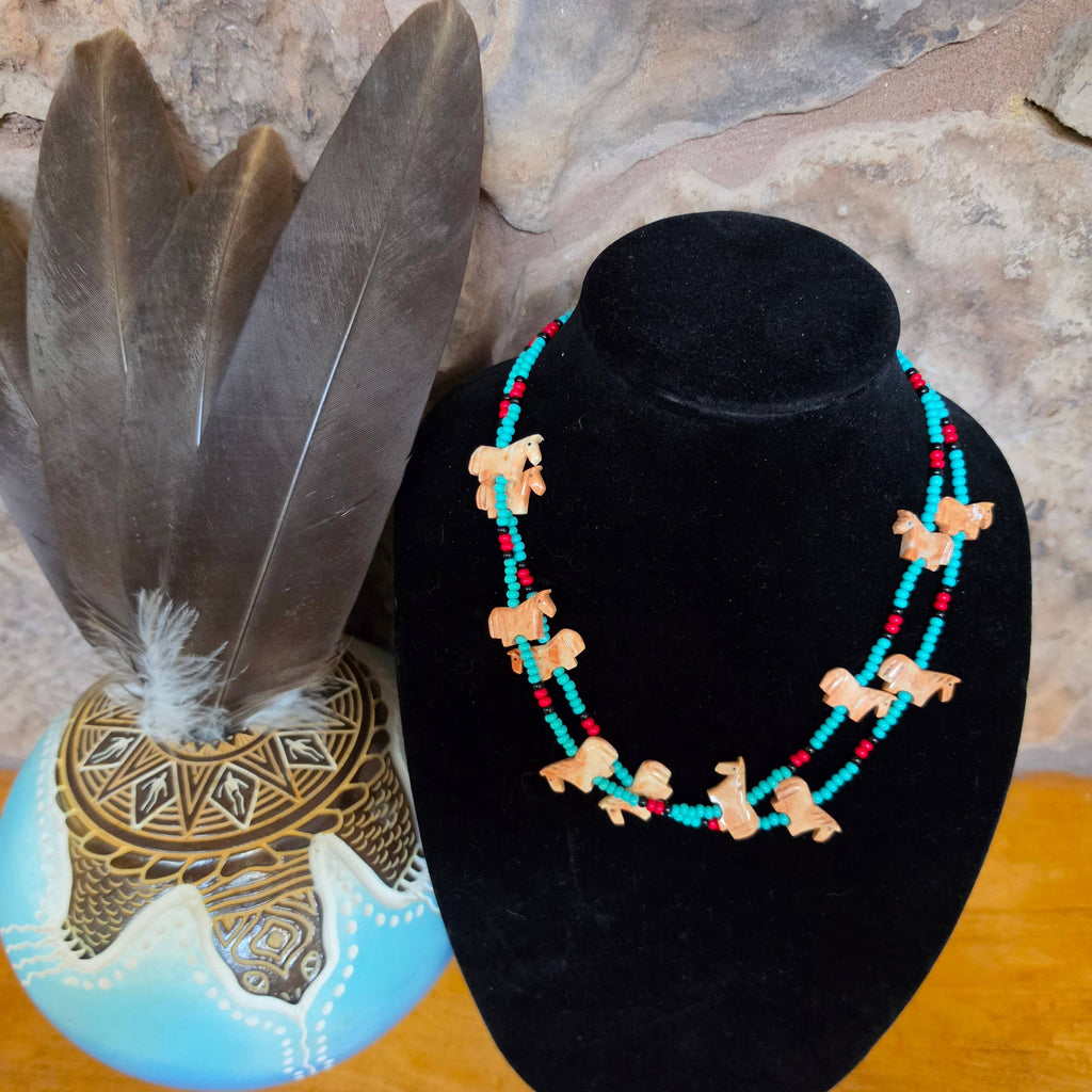 Zuni carved stone horse fetish necklace, Czech glass beads
