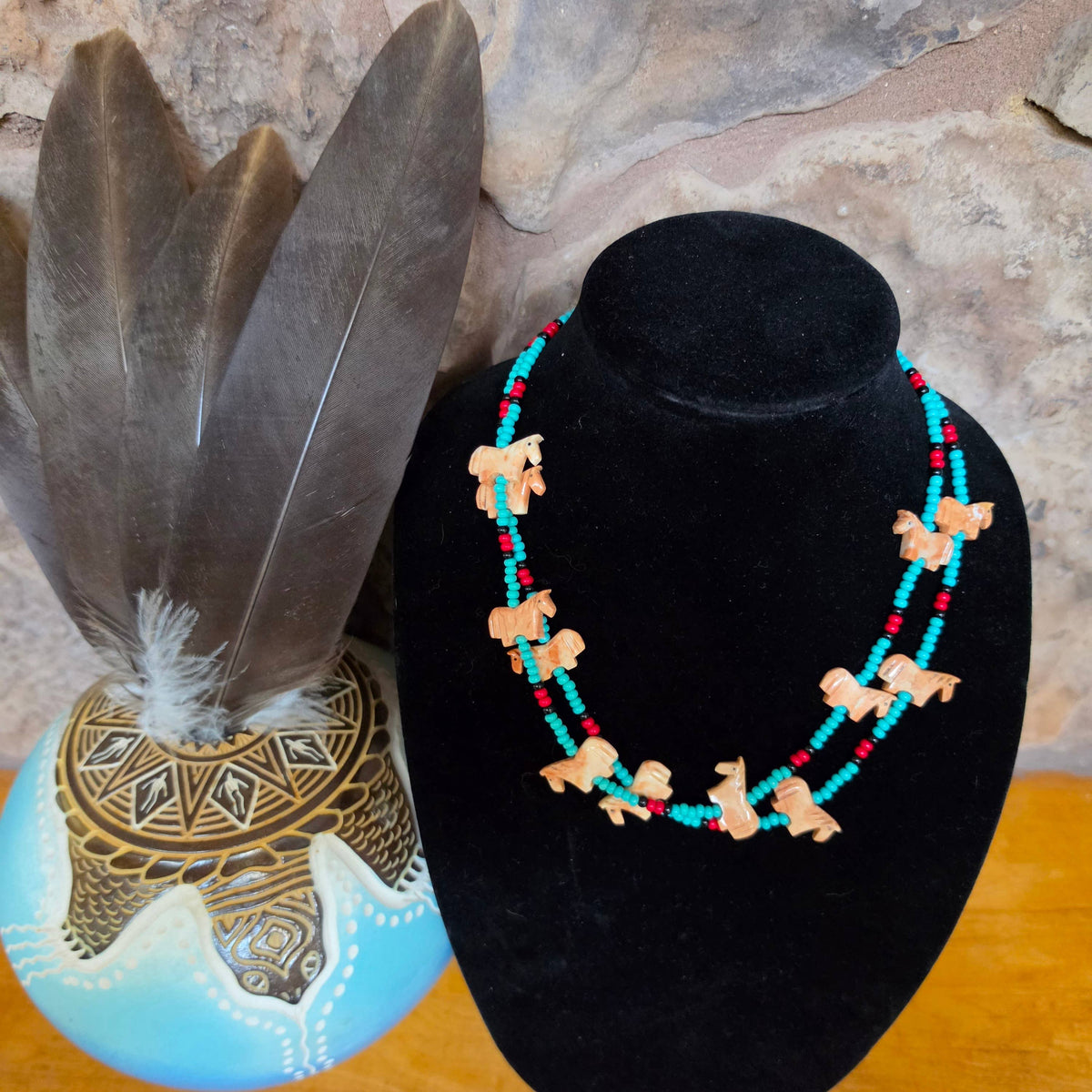 Zuni carved stone horse fetish necklace, Czech glass beads