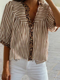 Leopard Trim V Neck Button Down Half Sleeve Shirt