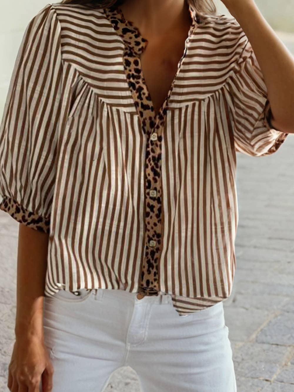 Leopard Trim V Neck Button Down Half Sleeve Shirt
