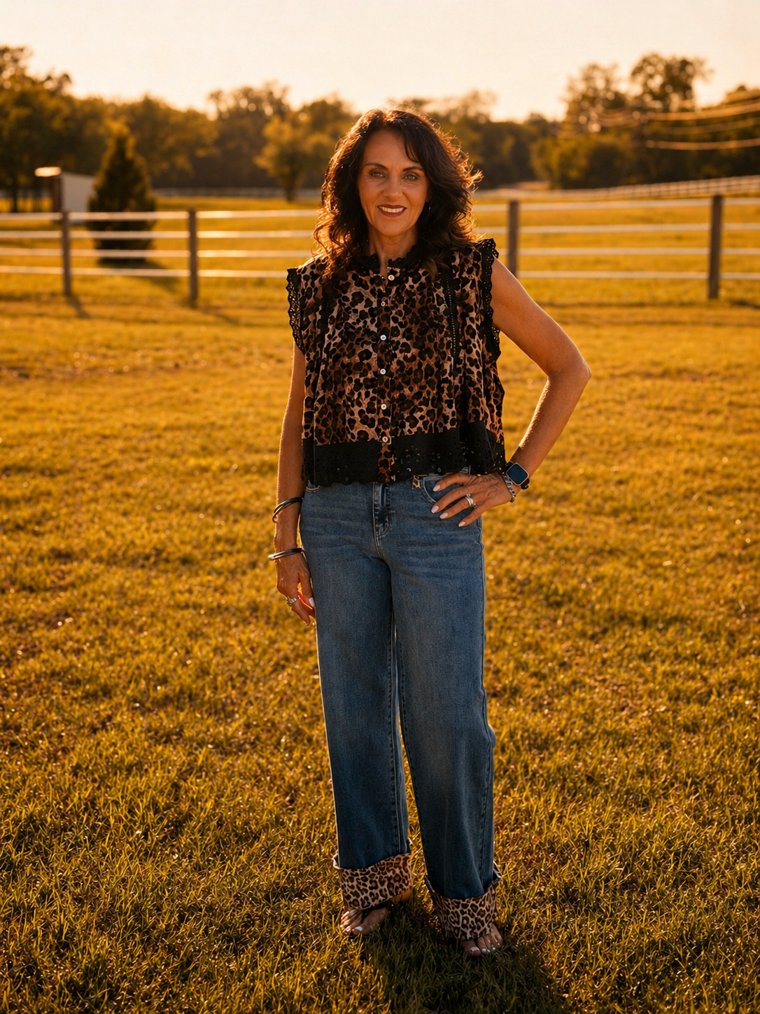 Leopard Button Up Pleated Sleeveless Blouse Top