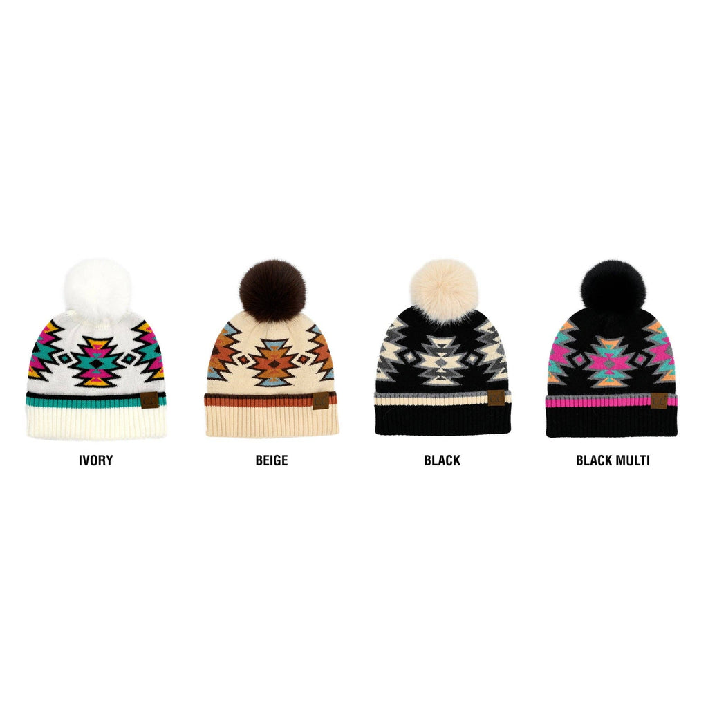 CC South Western Pattern Faux Fur Pom Beanie