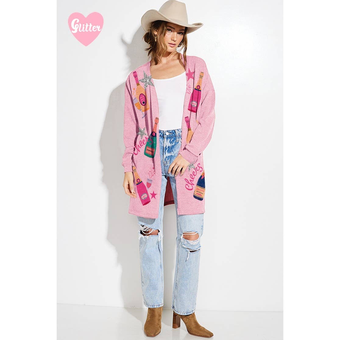Holiday Cheers Glitter print Knit Cardigan