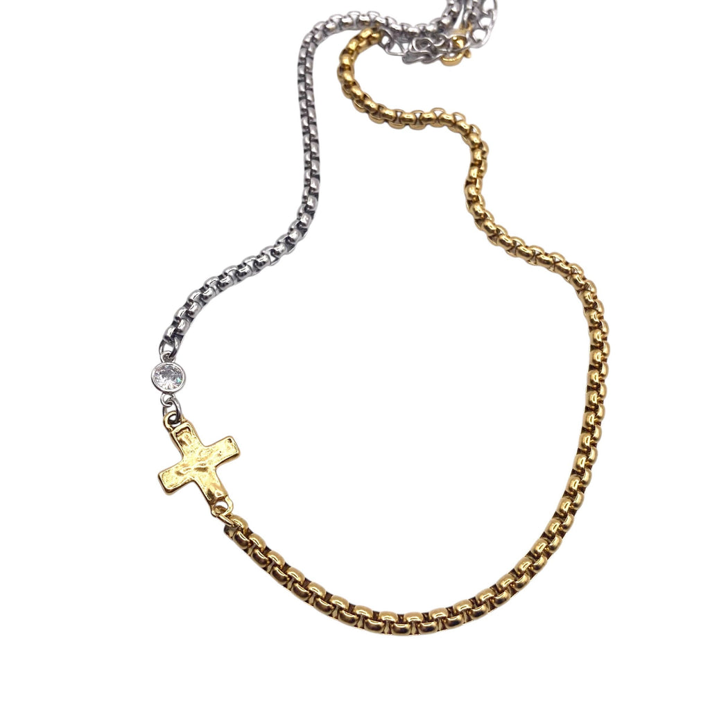 Two toned mixed metal hammered cross necklace 
