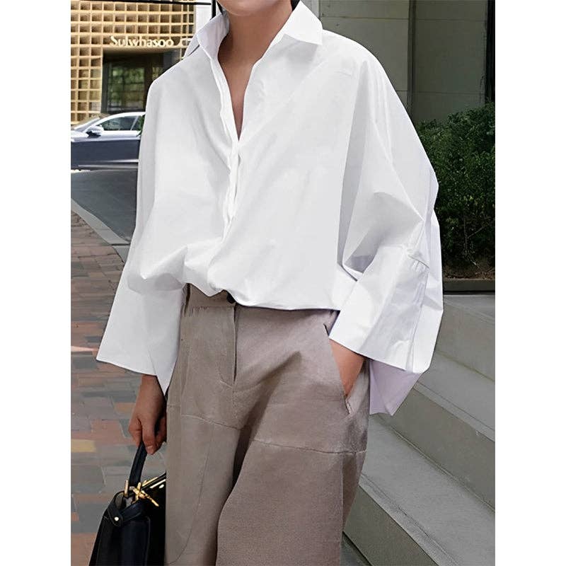 Long Sleeve Loose Solid Color Lapel Collar Blouse