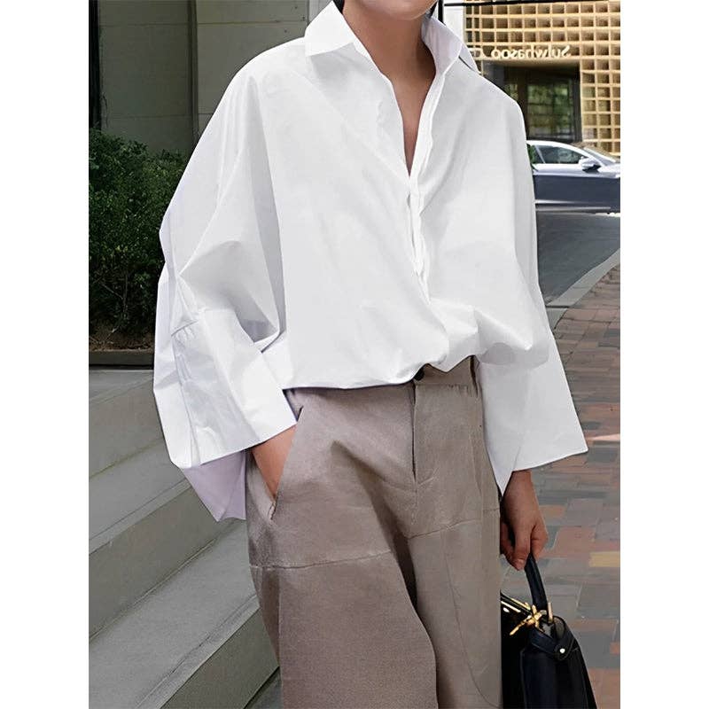 Long Sleeve Loose Solid Color Lapel Collar Blouse