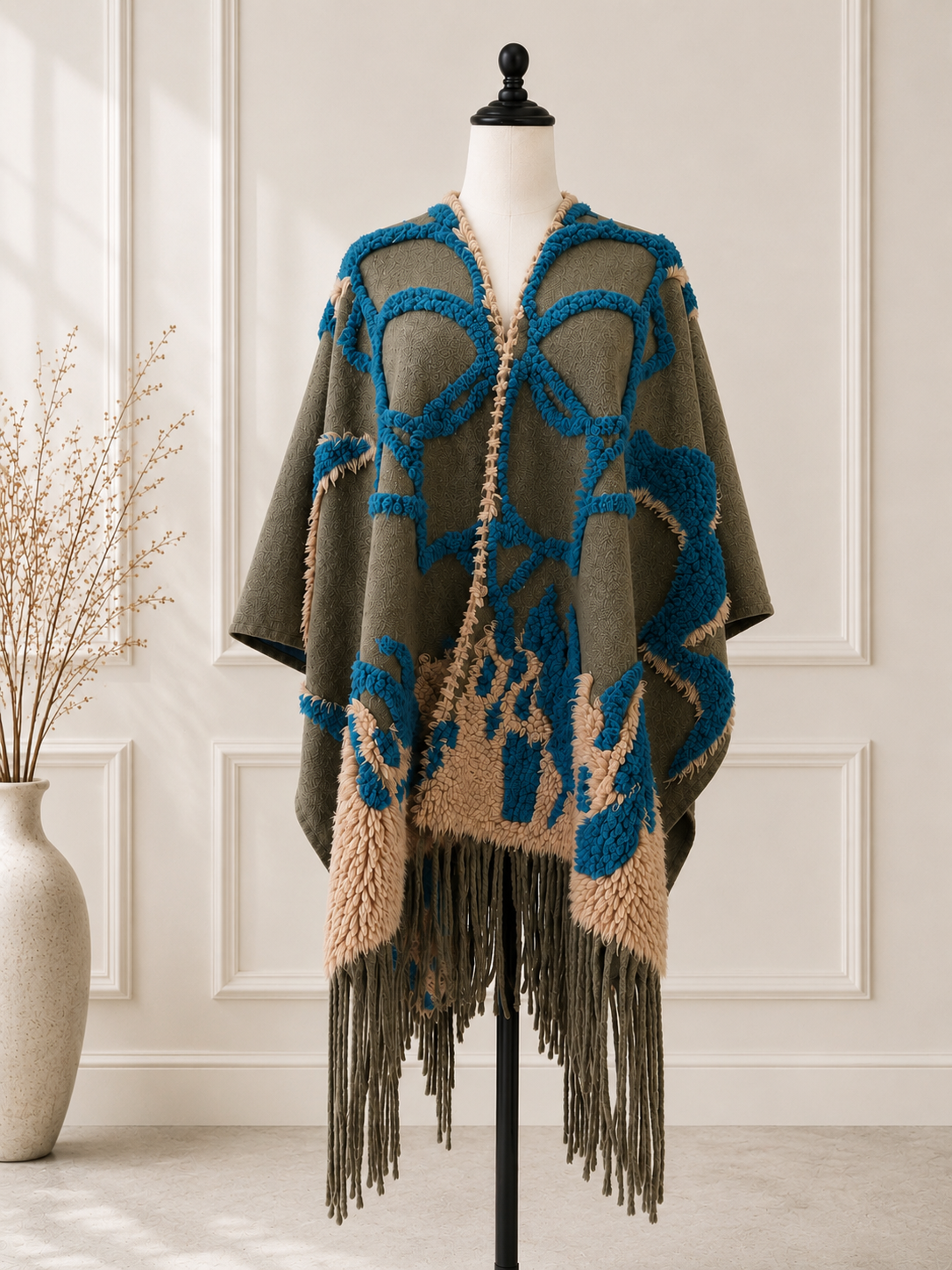 Olive Teal Abstract Fringe Ruana Cardigan