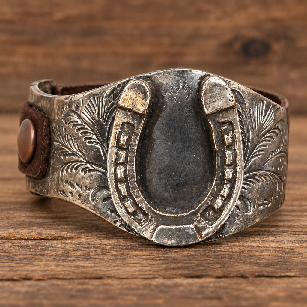 German Silver & Leather Horseshoe Bracelet