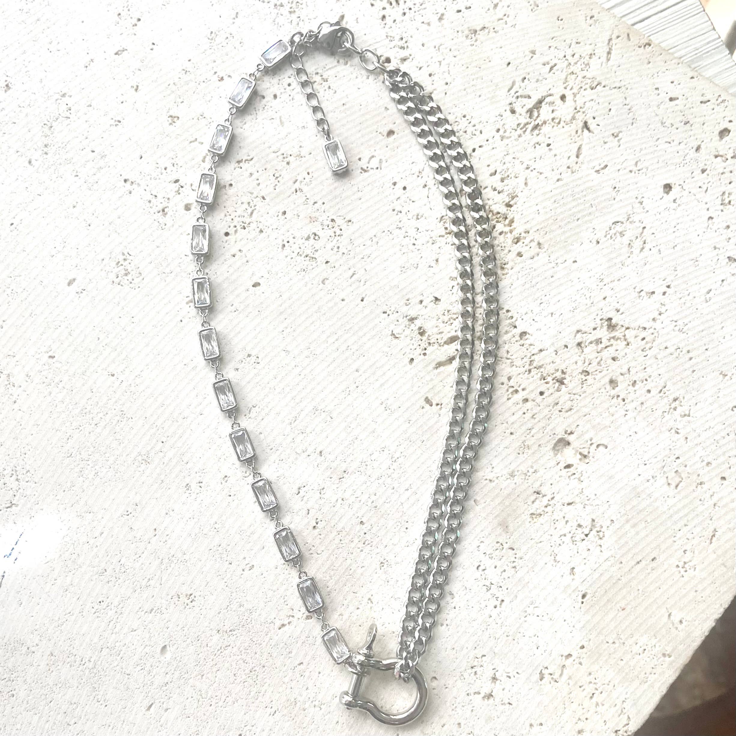 Edgy glam carabiner shackle necklace silver stainless steel