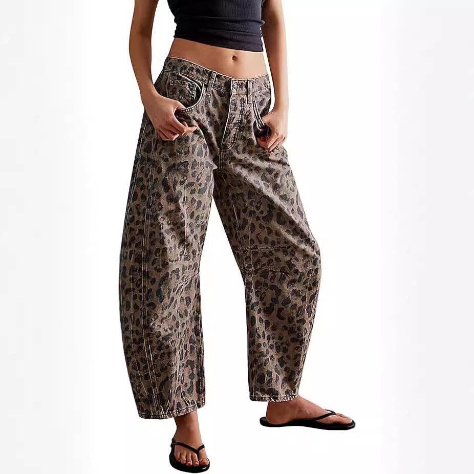 Leopard Print Loose Midi Waist Wide Leg Jeans DP25A479