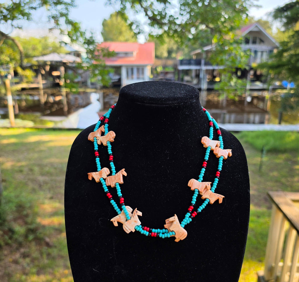 Zuni carved stone horse fetish necklace, Czech glass beads