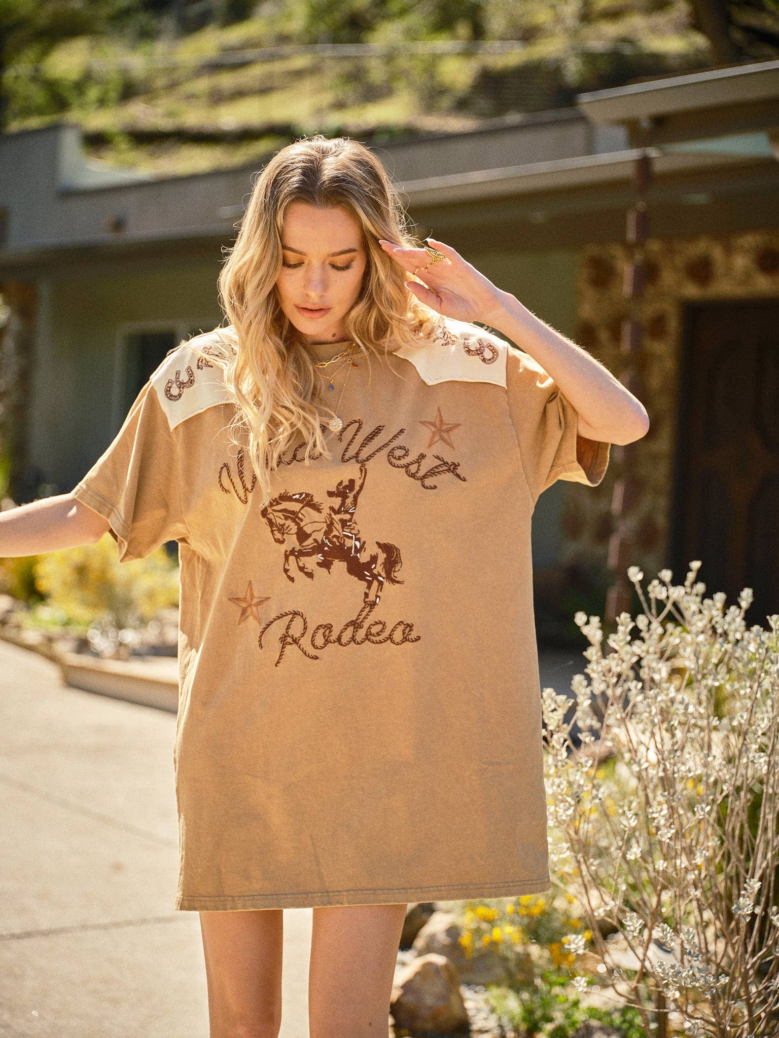 Garment Washed Embroidered Western Dress