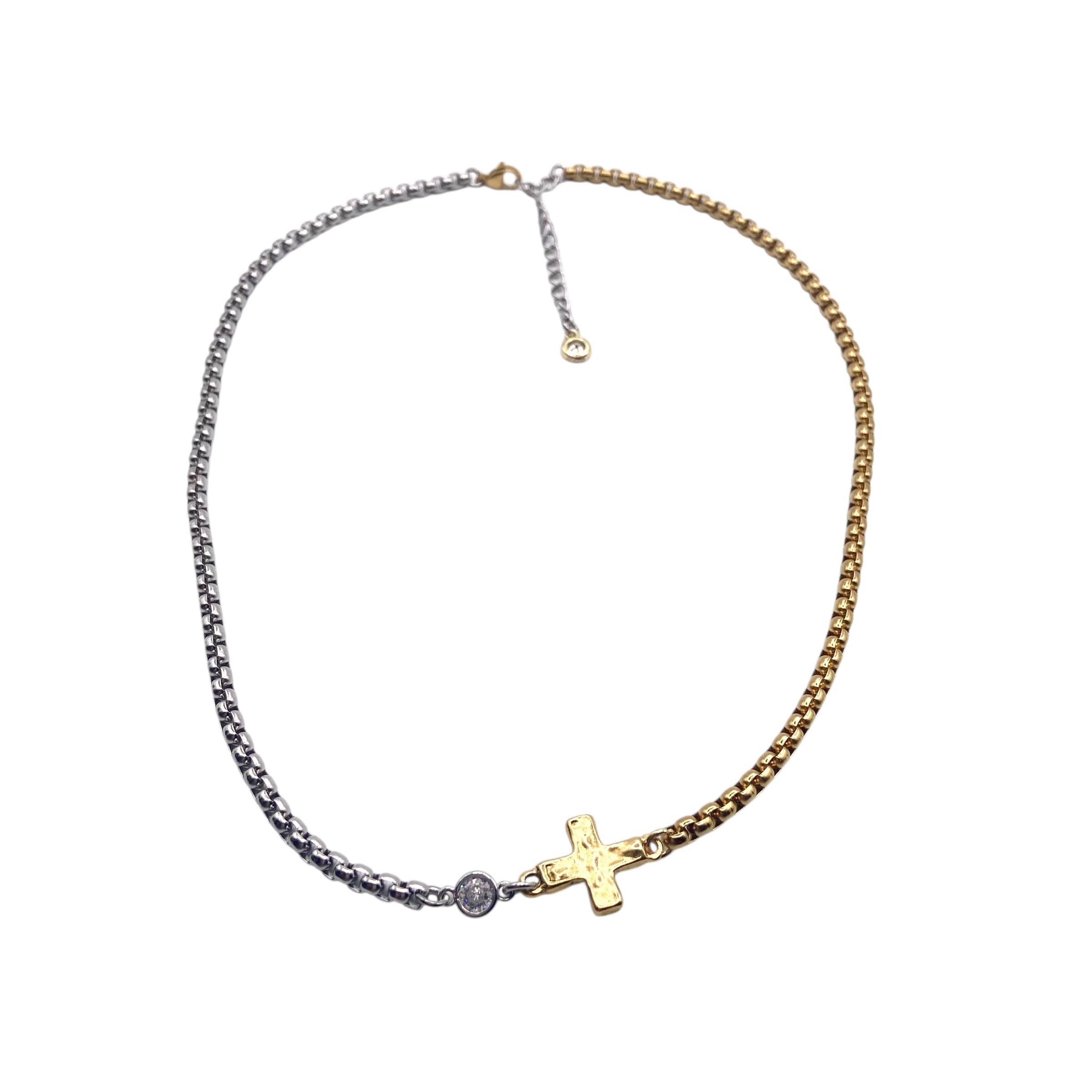 Two toned mixed metal hammered cross necklace 