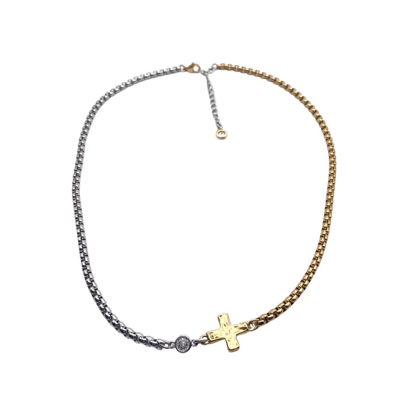 Two Toned Mixed Metal Hammered Cross Necklace