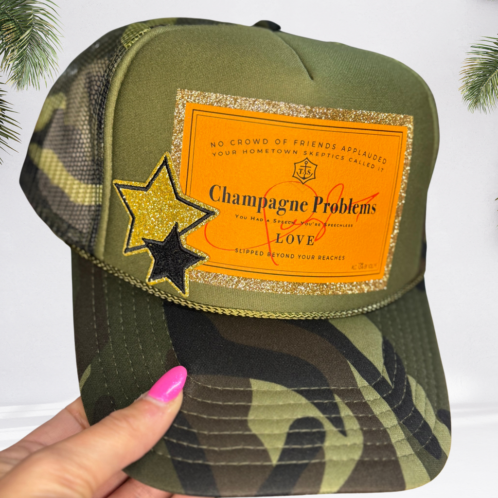"Champagne Problems" Camo Glitter Trucker Hat 