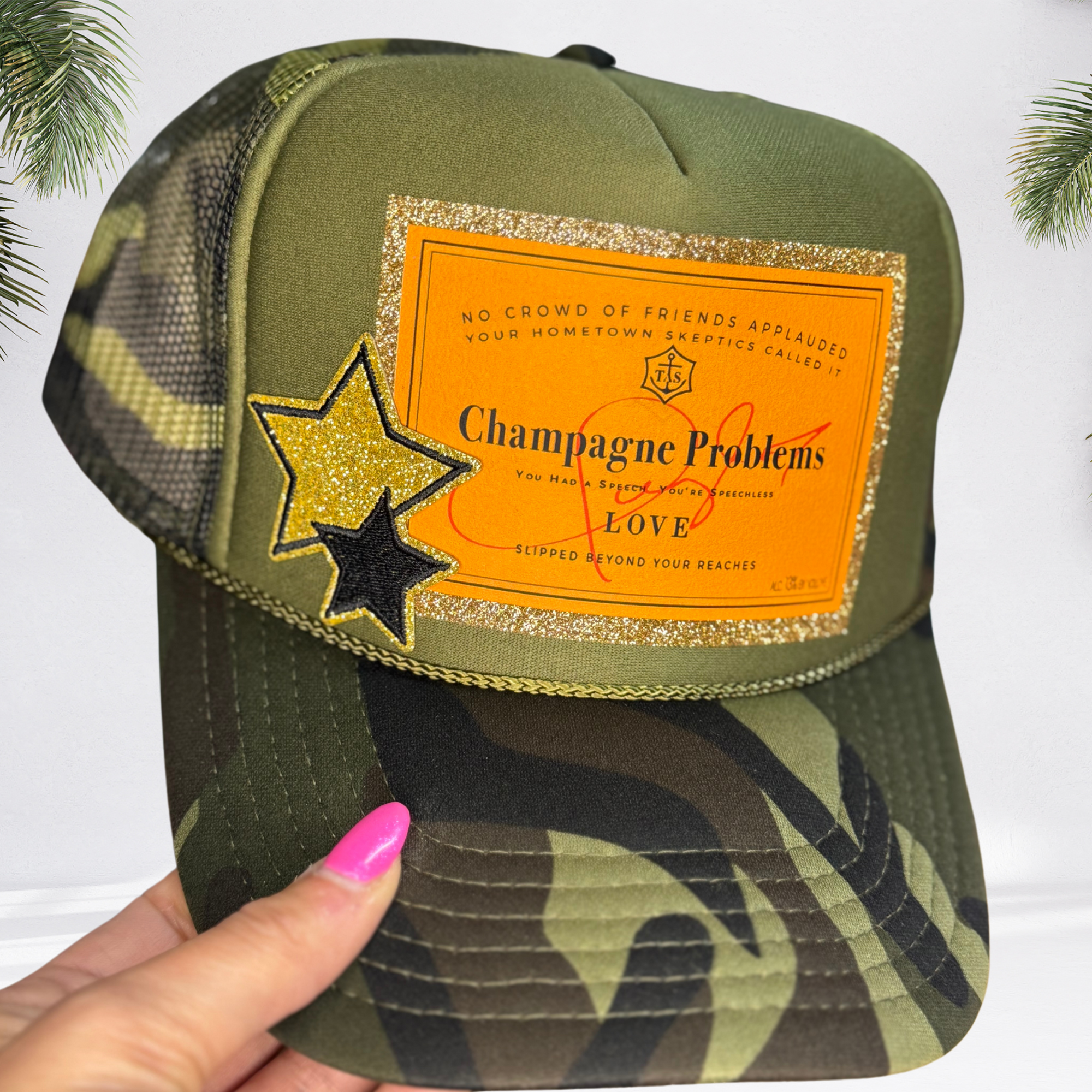 "Champagne Problems" Camo Glitter Trucker Hat 