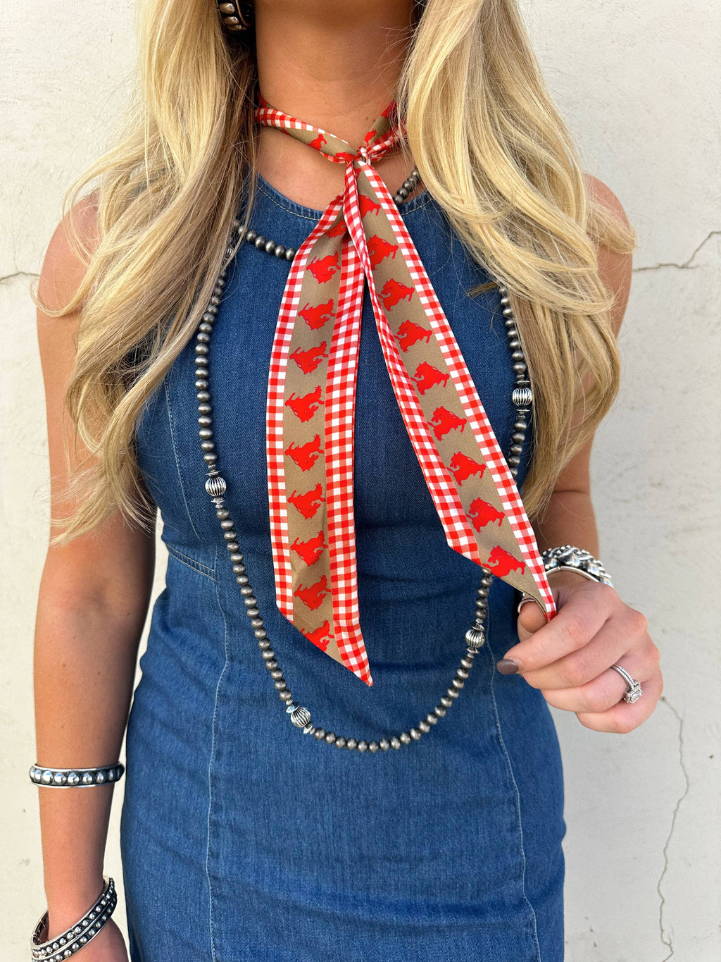 Tan Silk Twilly Scarf with Red Buck Horse and Red Gingham
