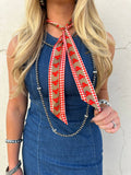 Tan Silk Twilly Scarf with Red Buck Horse and Red Gingham