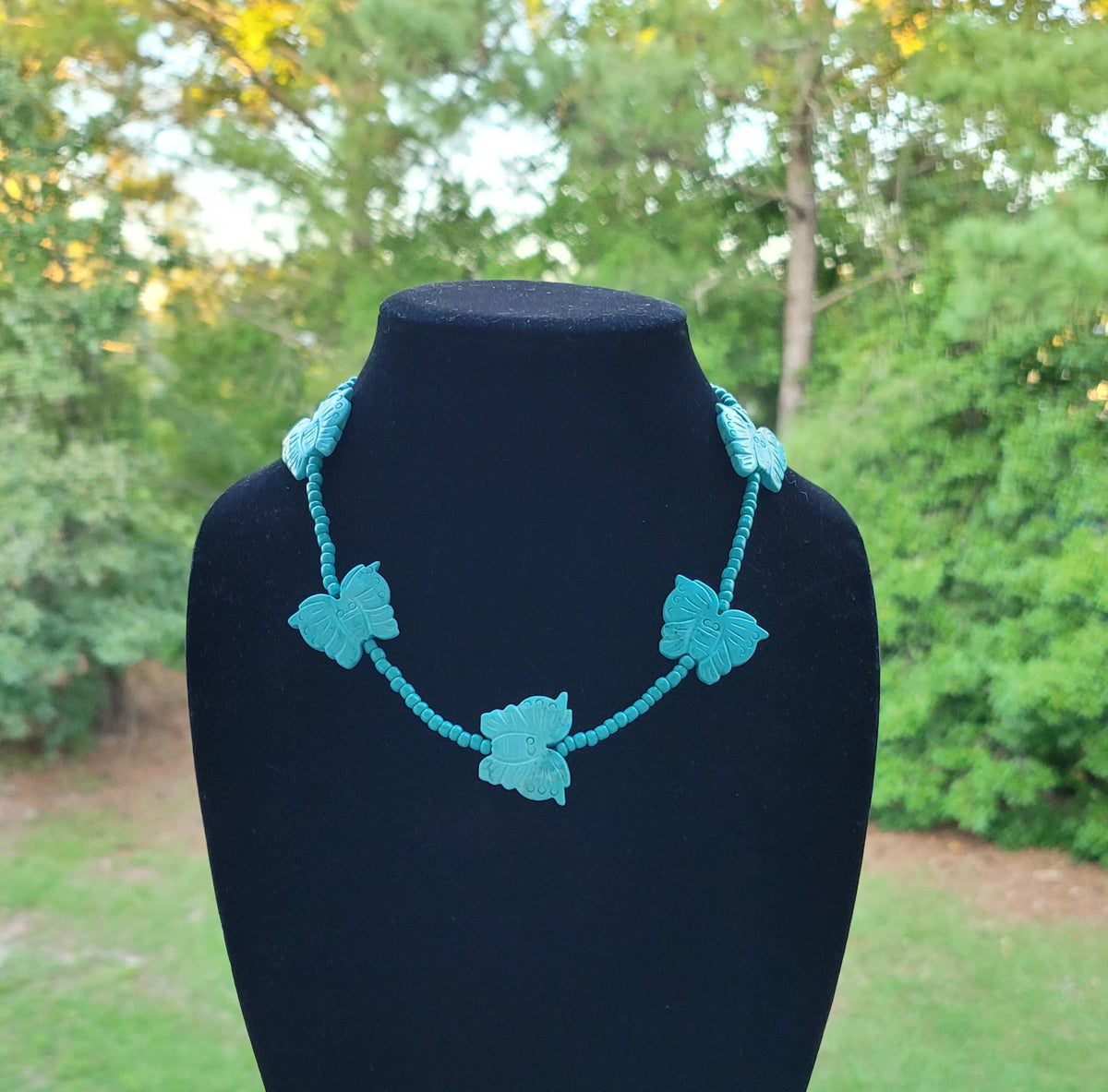 Handcarved Turquoise Howlite butterflies, glass beads