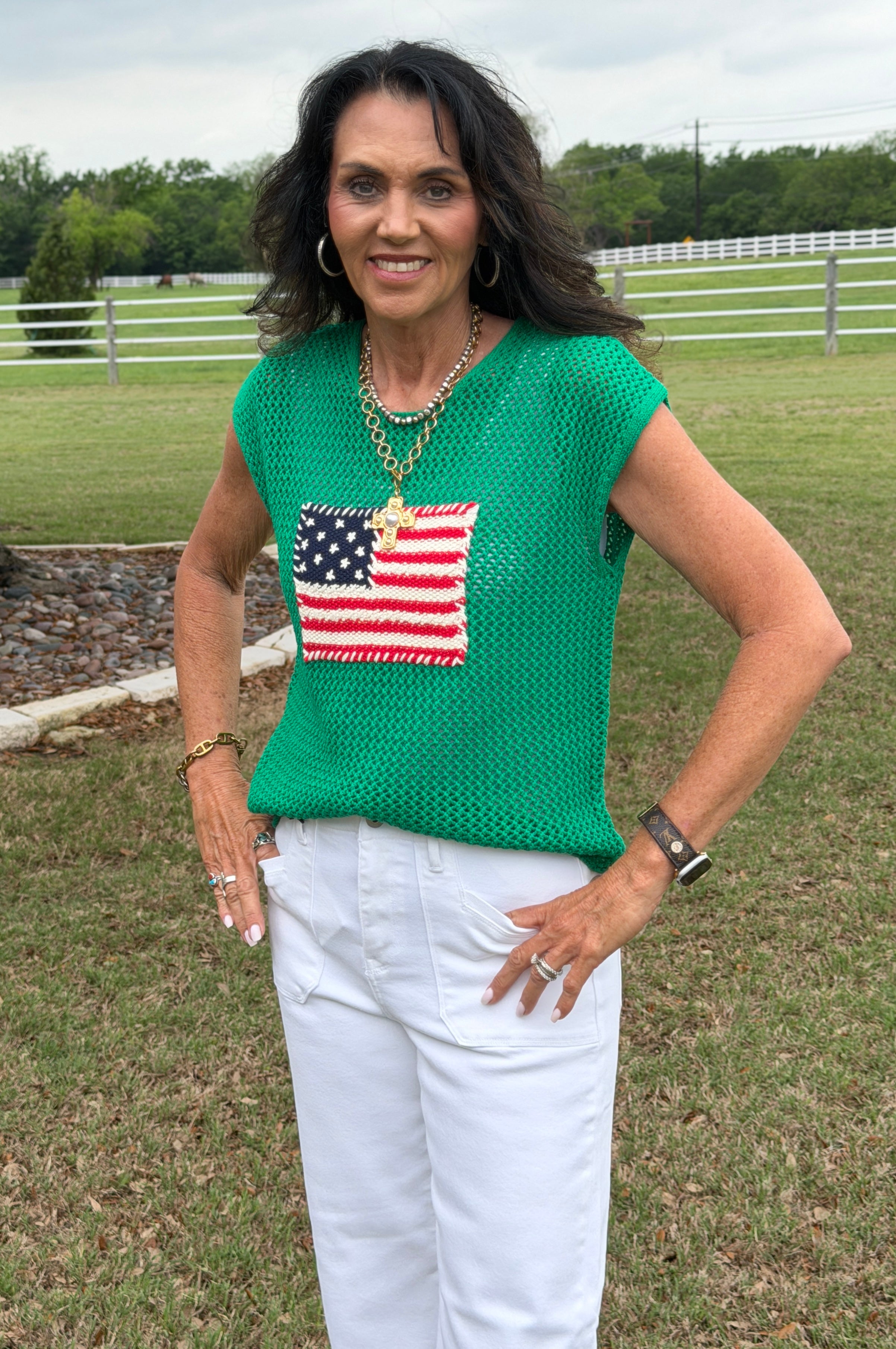 Green USA Cap Sleeve Top