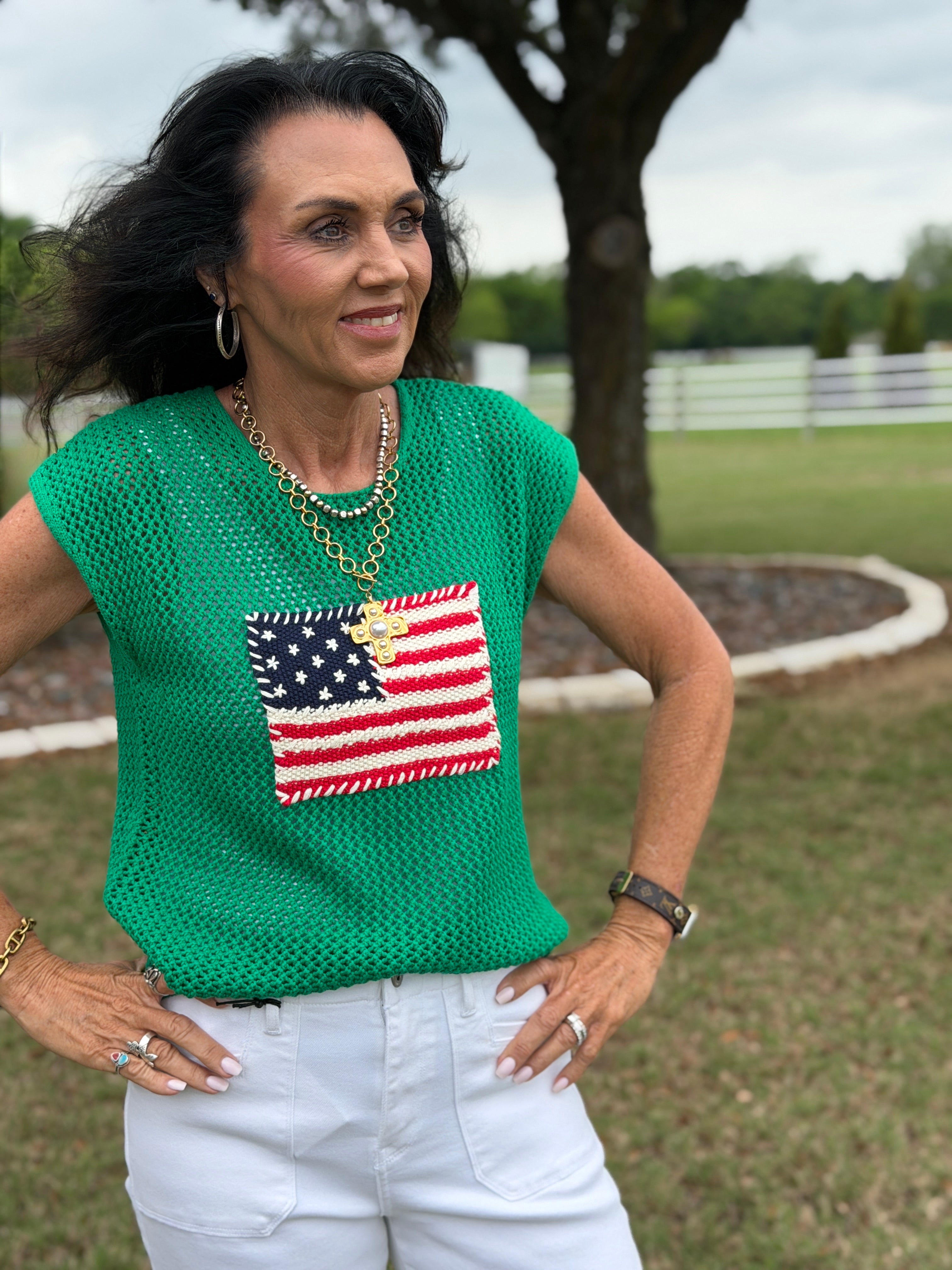 Green USA Cap Sleeve Top
