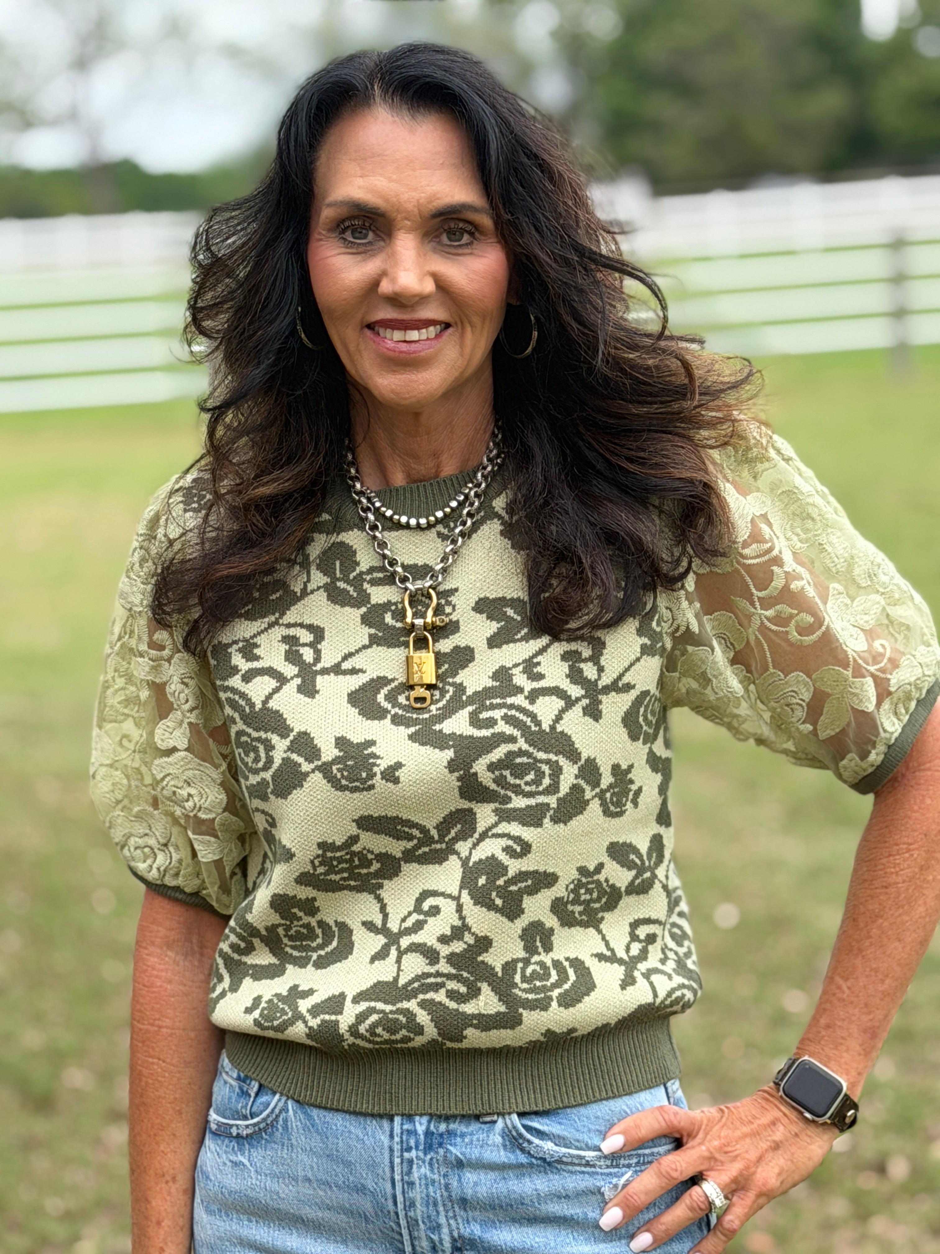 Rose Embroidered Contrast Knit Top