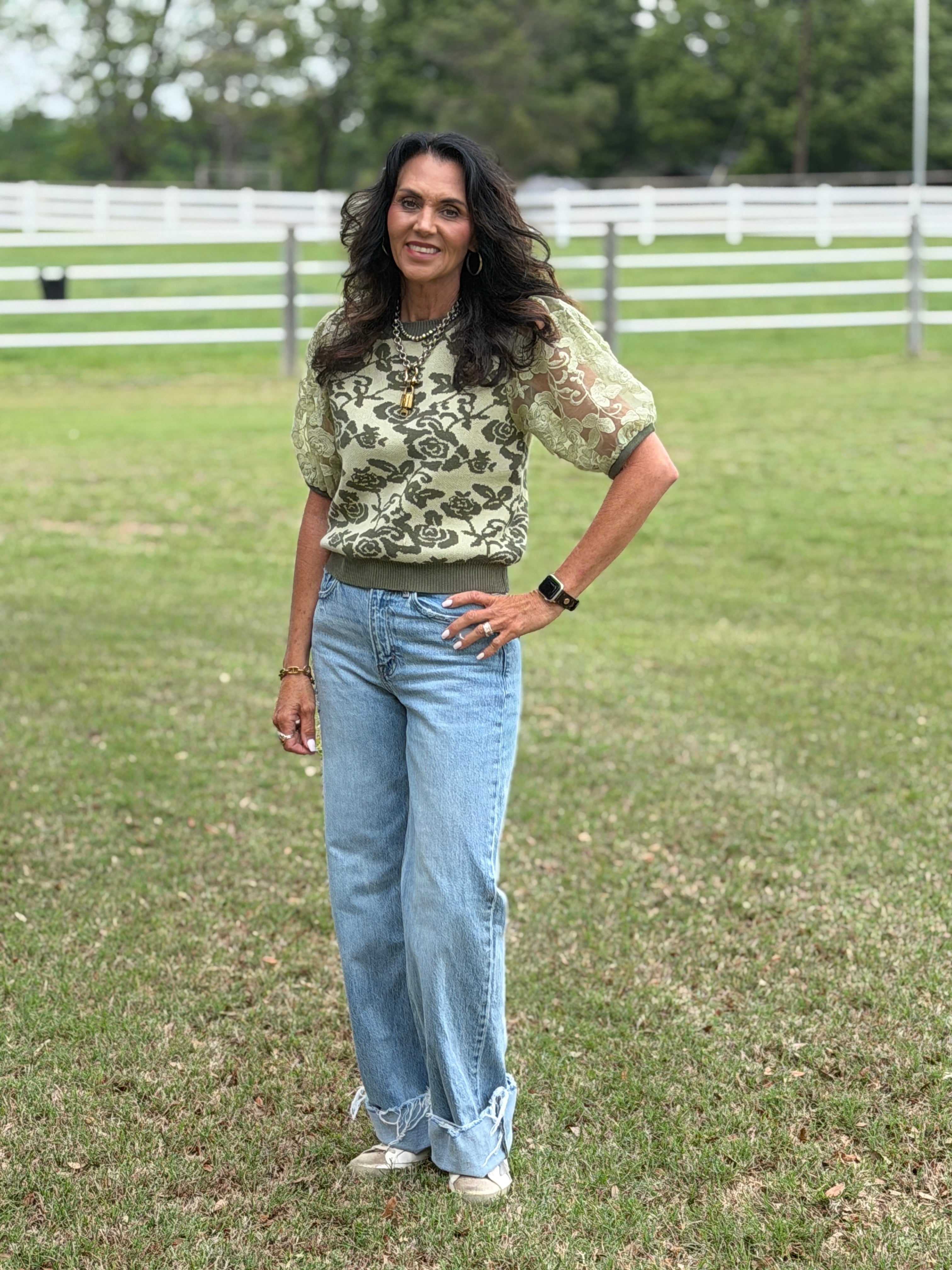 Rose Embroidered Contrast Knit Top