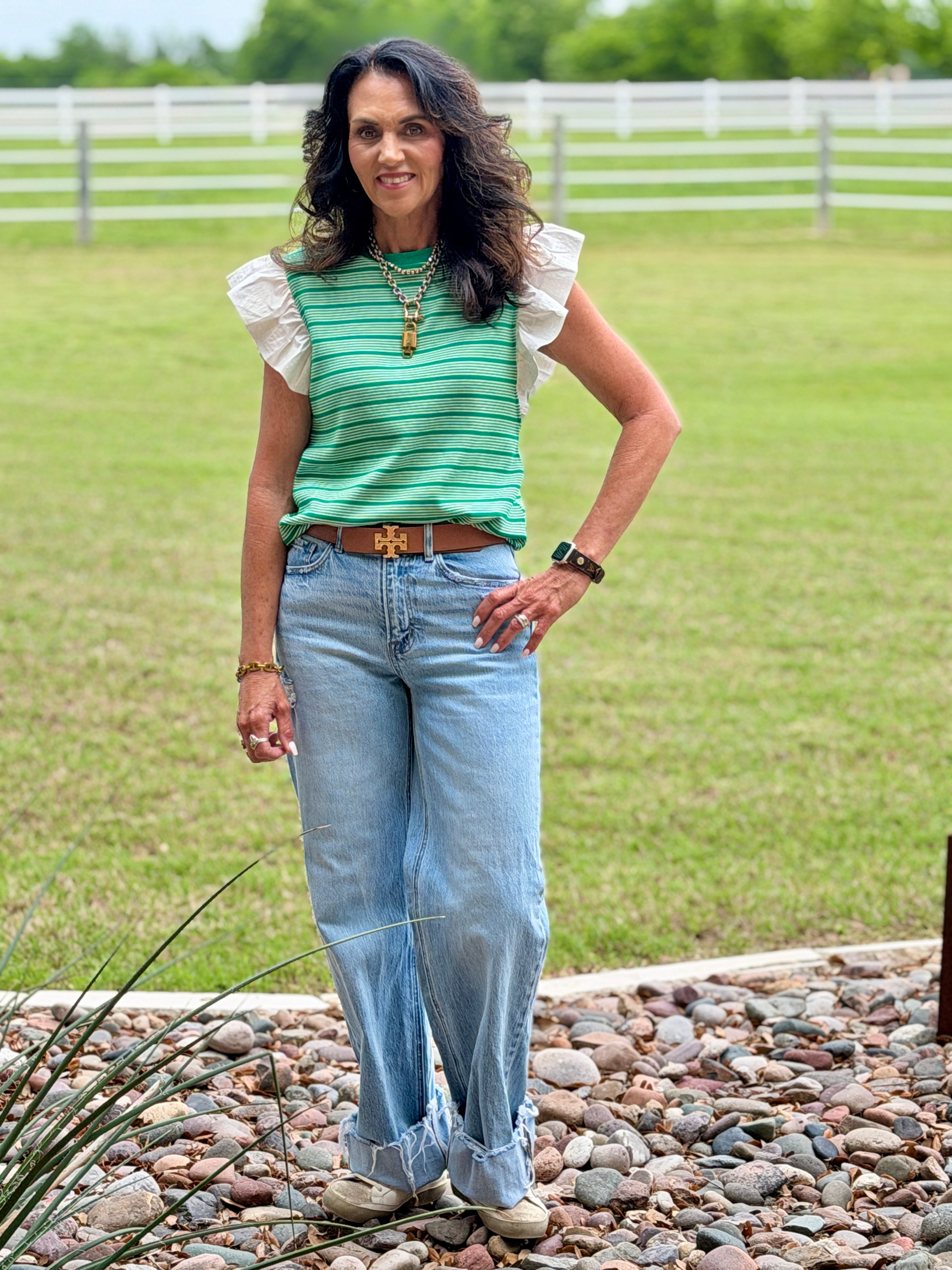 Stripe Top-stitch Knit Top